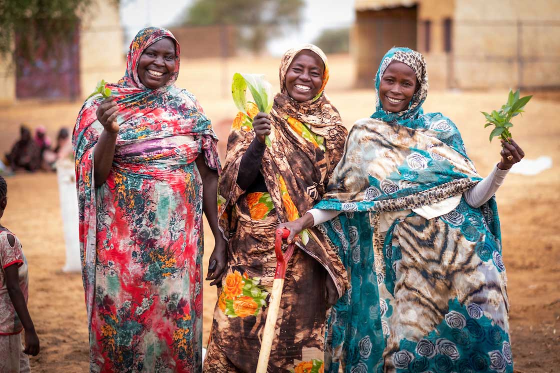 From left, Awatif, Hawa and Nisreen show off mallow leaves at the Umgedebbo demonstration garden in North Darfur, Sudan. The women all have their own kitchen gardens targeted at improving nutrition for their families. In North Darfur, Relief International has 10 demo gardens that target 3000 beneficiaries. Umgedebbo is part of the host community in rural Al Faster, where 400 beneficiaries are being targeted.