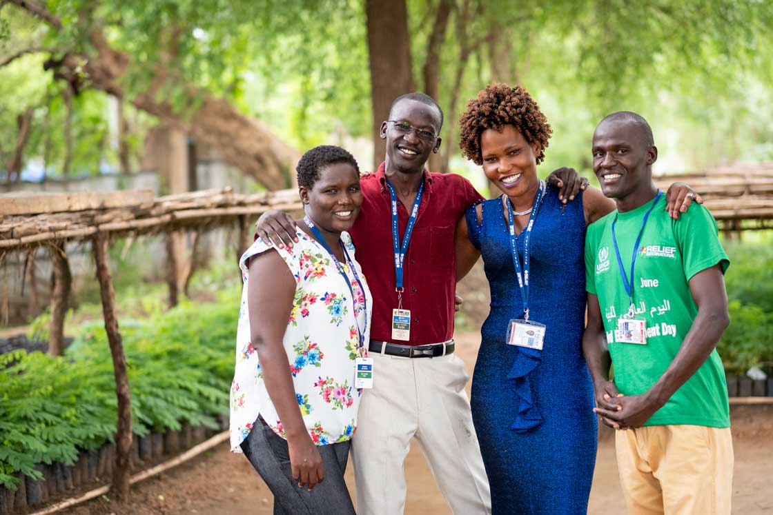 Relief International staff, from left, Anzoyo Josephine, Hissien Jabir, Alma Prossy and Bunduki Denis at the Gentil Tree Nursery in Maban, South Sudan. Elie Gardner/RI
